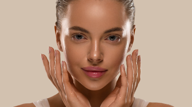 Beauty woman with hands healthy  natural make up clean fresh skin  concept color background brown